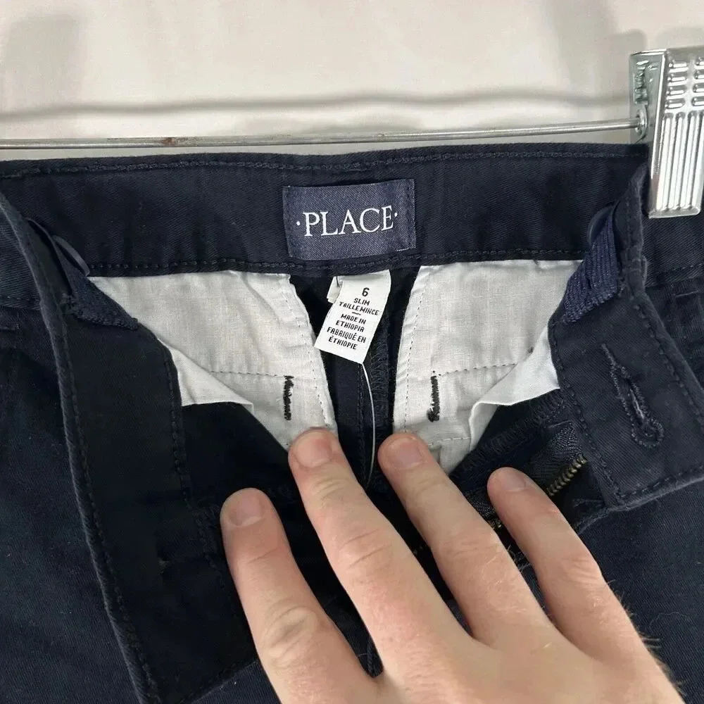 Place Shorts Boys 6 Navy Blue Slim Stretch Fabric Cotton Blend Button Zip